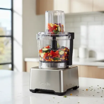 Breville Sous Chef 16 Food Processor with a bowl full of chopped vegetables on a modern kitchen counter.