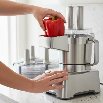 A person's hands placing vegetables into a wide feed chute of a large food processor, with other attachments visible on the side. The focus is on the ease of use and the capacity for whole ingredients.