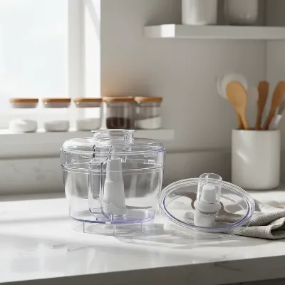 A clean food processor bowl and lid, emphasizing proper storage to prevent sticking