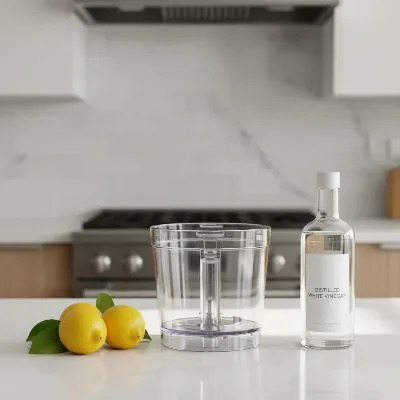 A sparkling clean food processor bowl reflecting light, surrounded by fresh lemons and a bottle of white vinegar on a modern kitchen counter.
