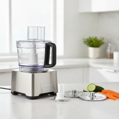 An extra-large food processor on a kitchen counter, showcasing its large work bowl, wide feed chute, and an assortment of blades and discs. The scene is bright and clean, with a modern kitchen aesthetic.