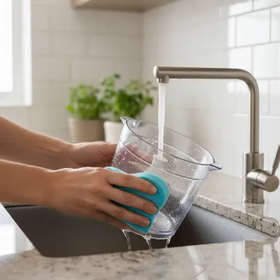 A food processor bowl being gently hand-washed with a soft sponge, illustrating proper cleaning for longevity.