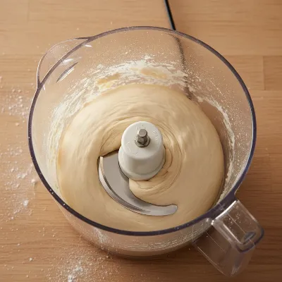 A food processor with pizza dough forming a ball inside, showcasing the kneading process.