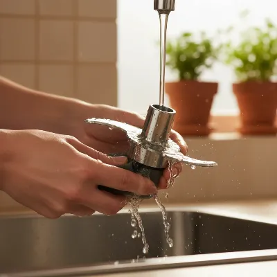 Hand cleaning a food processor blade in a sink, emphasizing maintenance and troubleshooting
