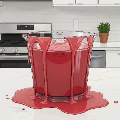 A food processor bowl being overfilled with liquid, demonstrating how exceeding the max fill line causes leaks.