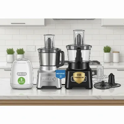 Three food processors representing different price segments (budget, mid-range, premium) on a kitchen counter, with price tags or visual cues indicating their category.