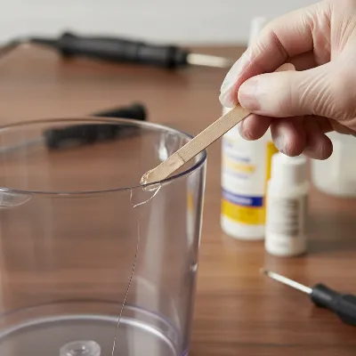 A hand applying clear food-grade epoxy to a small crack in a clear plastic food processor bowl, with a small mixing stick and gloves.