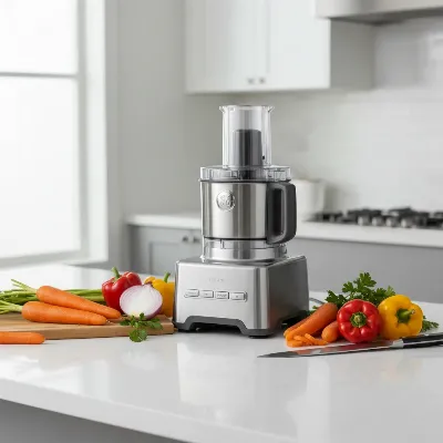 GE 12-Cup food processor with a brushed stainless steel finish on a modern kitchen island, surrounded by fresh vegetables, bright and clean composition