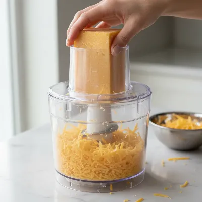 Hand pushing cheese into a food processor for grating.