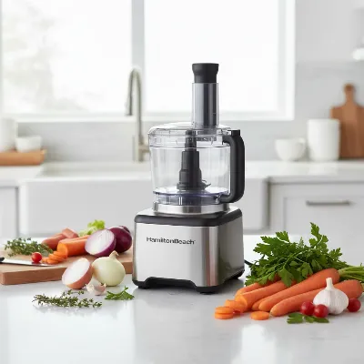 Hamilton Beach 10 Cup Food Processor on a modern kitchen counter with ingredients