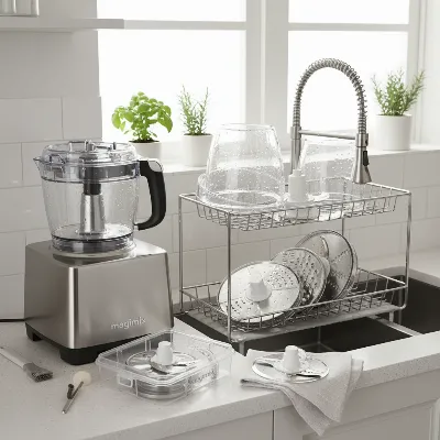 A clean Magimix 5200XL food processor with its parts drying and storage box nearby.