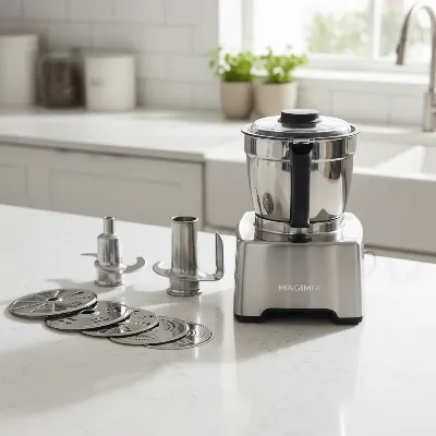 Magimix 14-Cup food processor with various stainless steel blades on a kitchen counter, sleek design, high-angle shot, editorial style