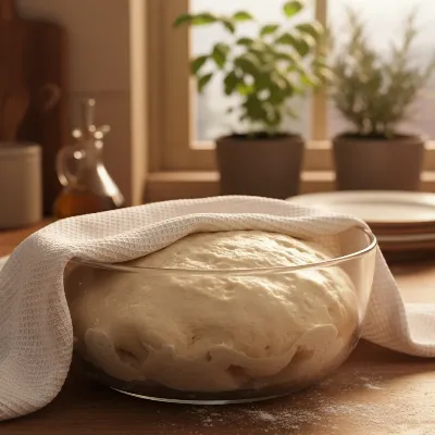 Fluffy pizza dough rising in an oiled bowl, covered with a kitchen towel, in a warm kitchen.