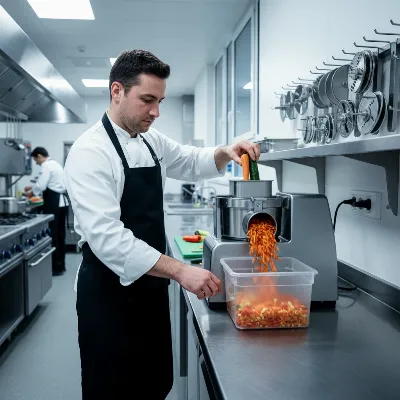 A chef preparing vegetables using a Robot Coupe continuous feed food processor in a busy commercial kitchen.