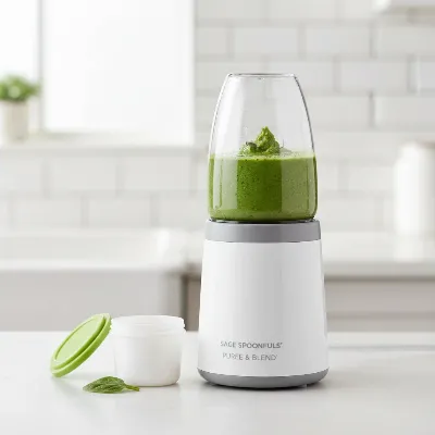 A compact Sage Spoonfuls Puree and Blend unit with a small batch of vibrant green baby food puree.