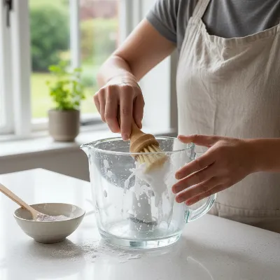 Woman gently scrubbing a cloudy food processor bowl with baking soda paste and a soft brush.