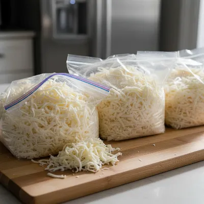 Freshly grated cheese packed into freezer bags for storage.